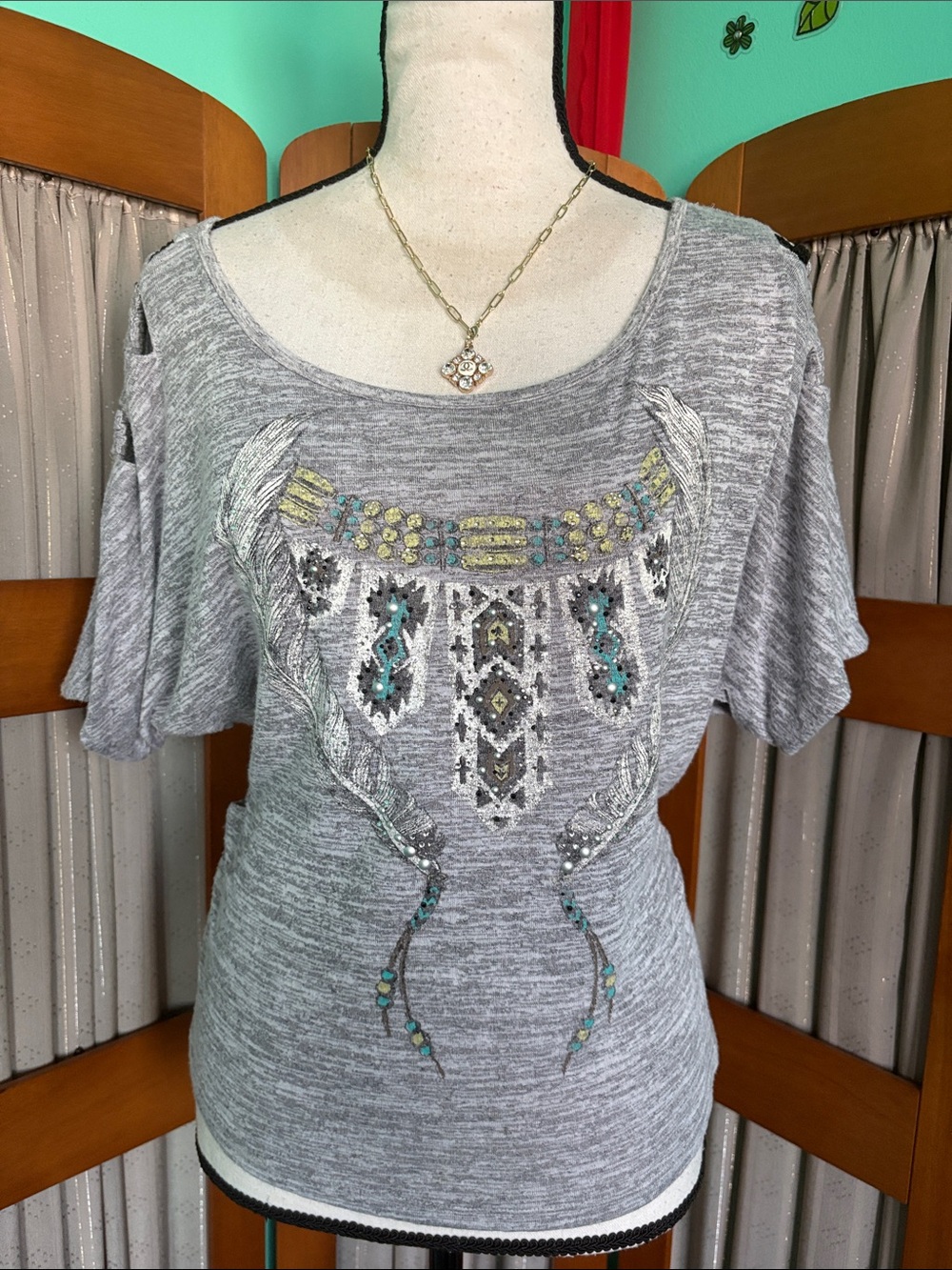 Miss Me Grey Short Sleeve Embellished Boho Tee